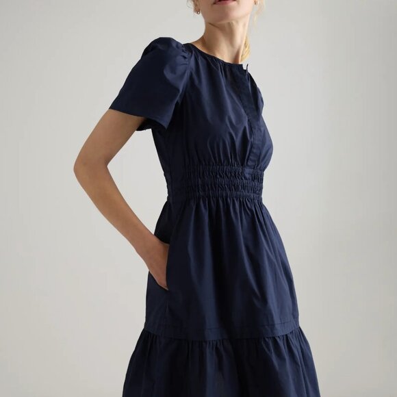 EUC Quince 100% Cotton Poplin Tiered Mini Dress Navy Blue Medium - Picture 2 of 9